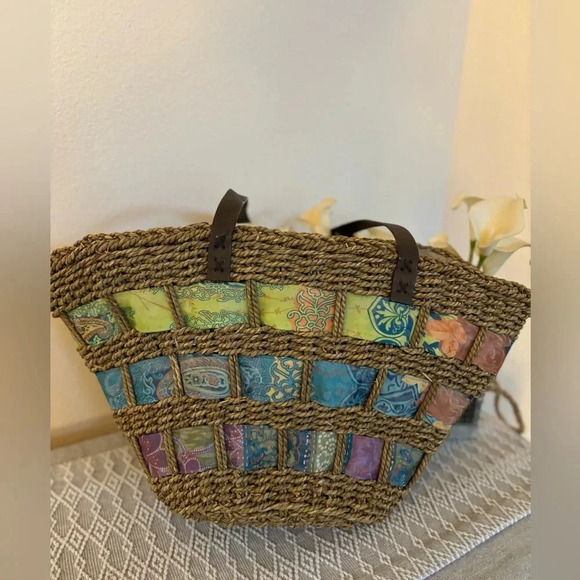 Naturalizer Straw Tote Bag with Leather Straps. Multi-color Ribboning. - Picture 2 of 10